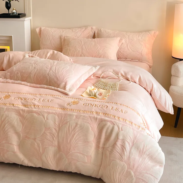 富安娜加厚牛奶绒四件套床上用品烂兔毛抗静电双面绒冬季被套被罩