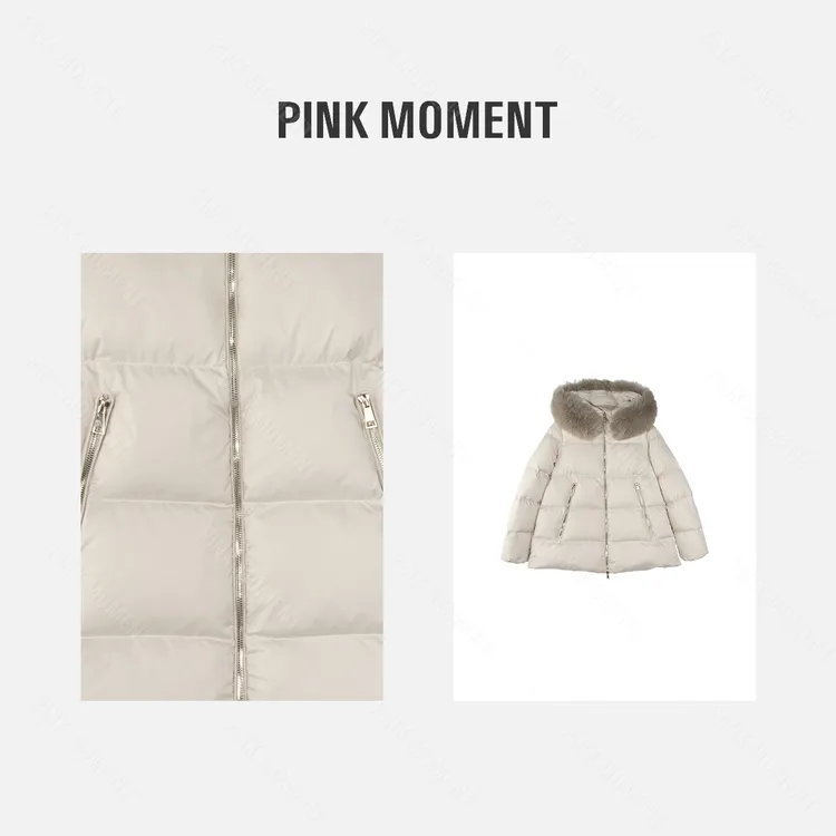 PM王囡囡 米白色连帽狐狸毛领拉链鹅绒羽绒服 ND1D1878