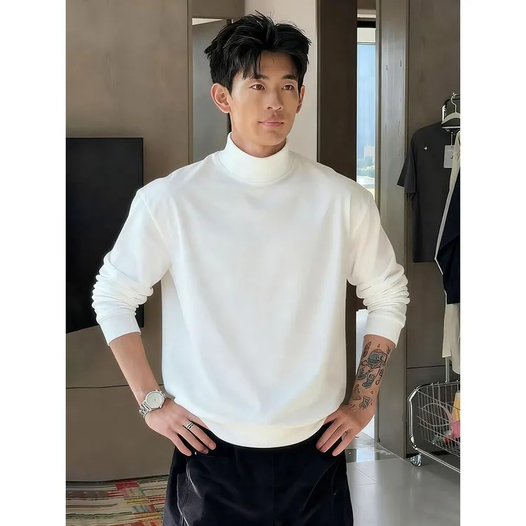 白色双面德绒半高领打底衫男款秋冬正肩长袖t恤加绒保暖美式卫衣
