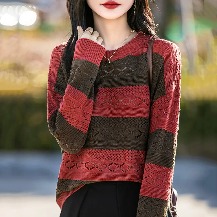 粗条纹复古毛衣薄款镂空春装上衣简约休闲宽松妈妈针织衫2025新款