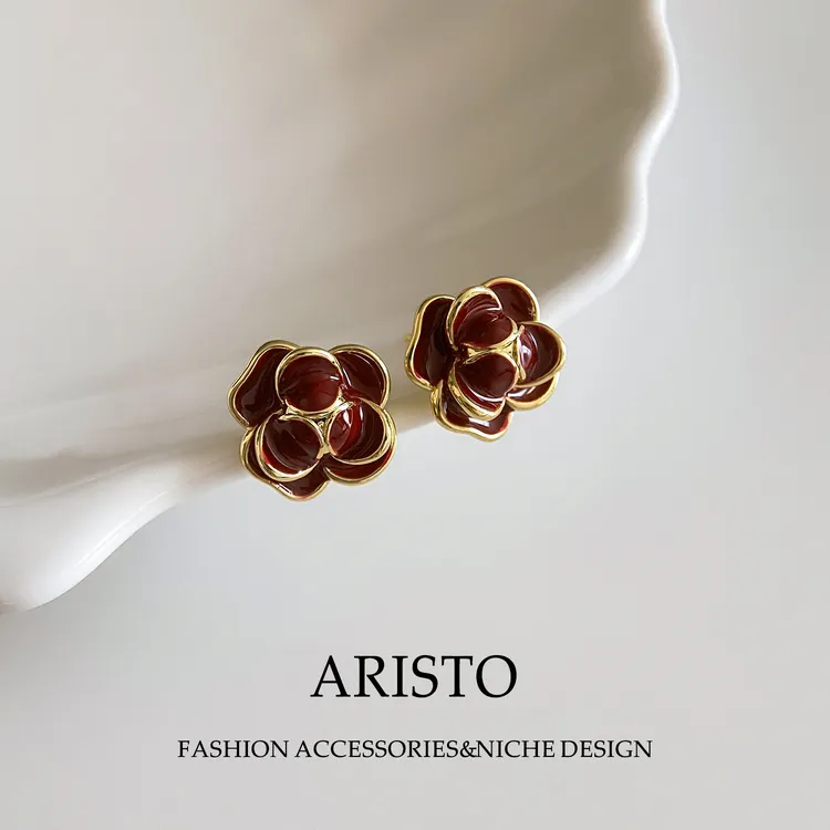 铜合金耳饰 复古红色山茶花耳钉法式高级感耳环气质通勤耳饰