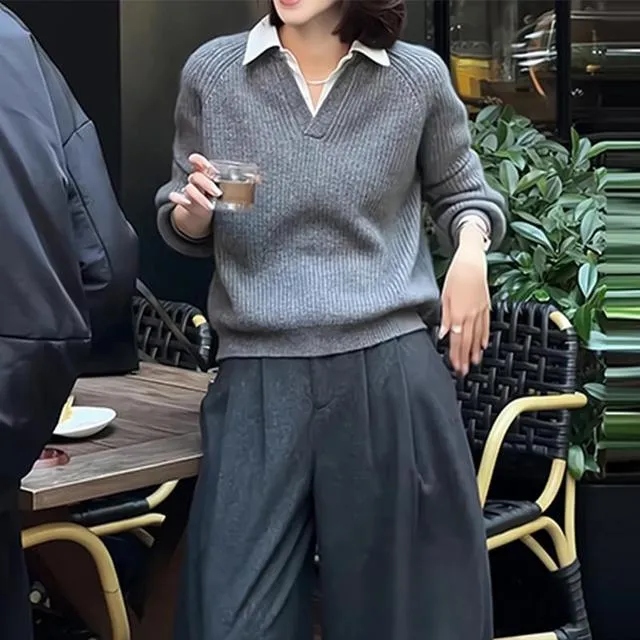 高级感假两件拼接POLO领针织衫女春季新款超好看宽松软糯减龄毛衣