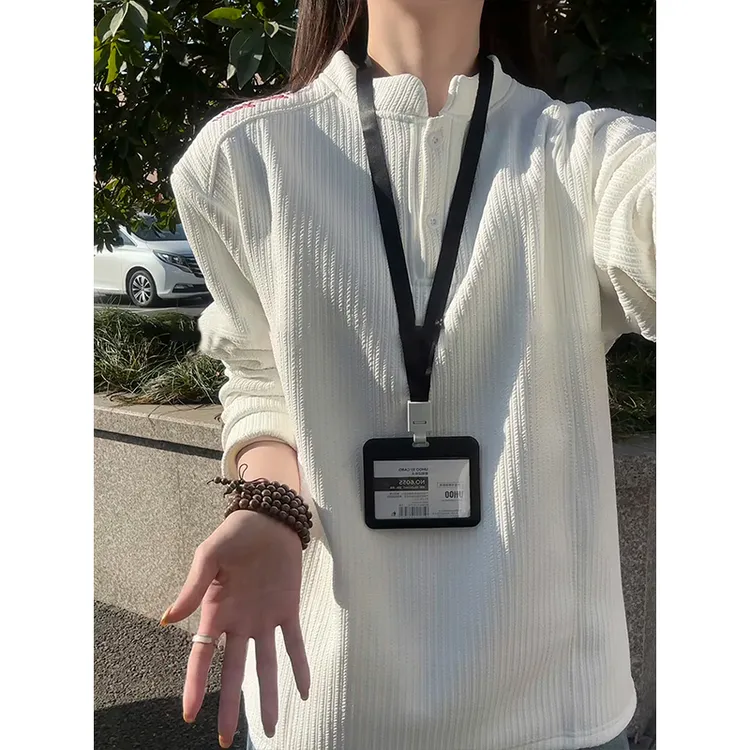 白色刺绣POLO衫卫衣男秋冬美式亨利领长袖t恤加绒重磅内搭打底衫