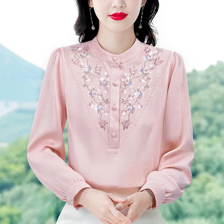 时尚长袖衬衫女士秋季2025新款高端刺绣小衫减龄洋气妈妈上衣