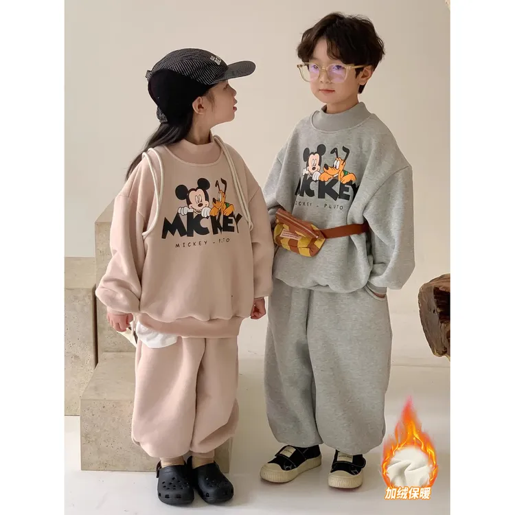 儿童套装男女童冬季加绒加厚卡通卫衣卫裤宝宝冬装运动服兄妹装潮