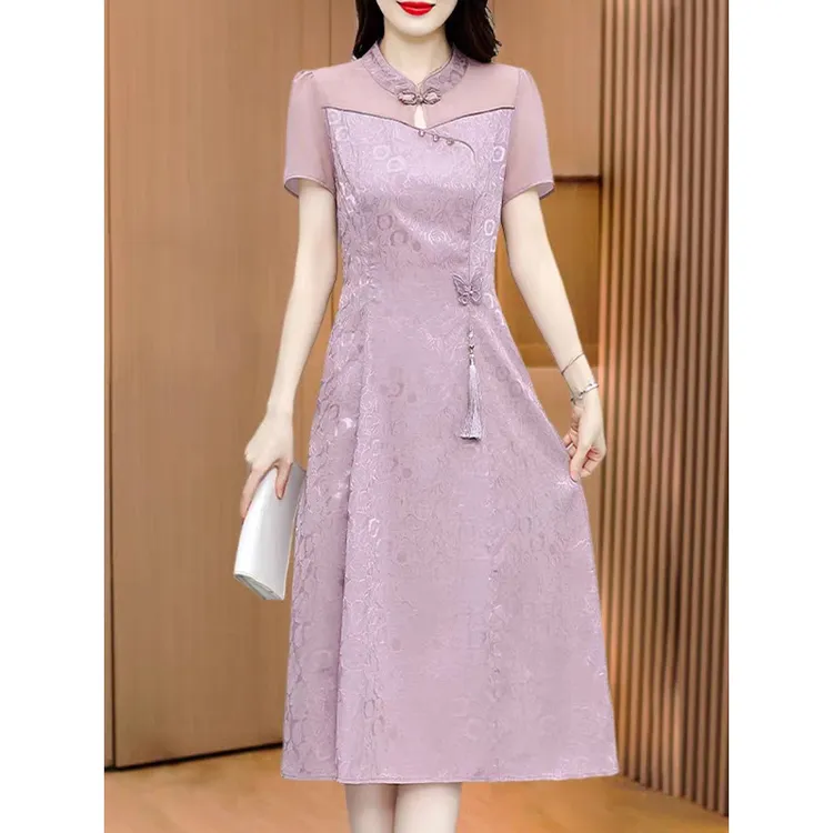 V0603时尚气质优雅设计感减龄连衣裙夏季改良旗袍裙时尚中长裙