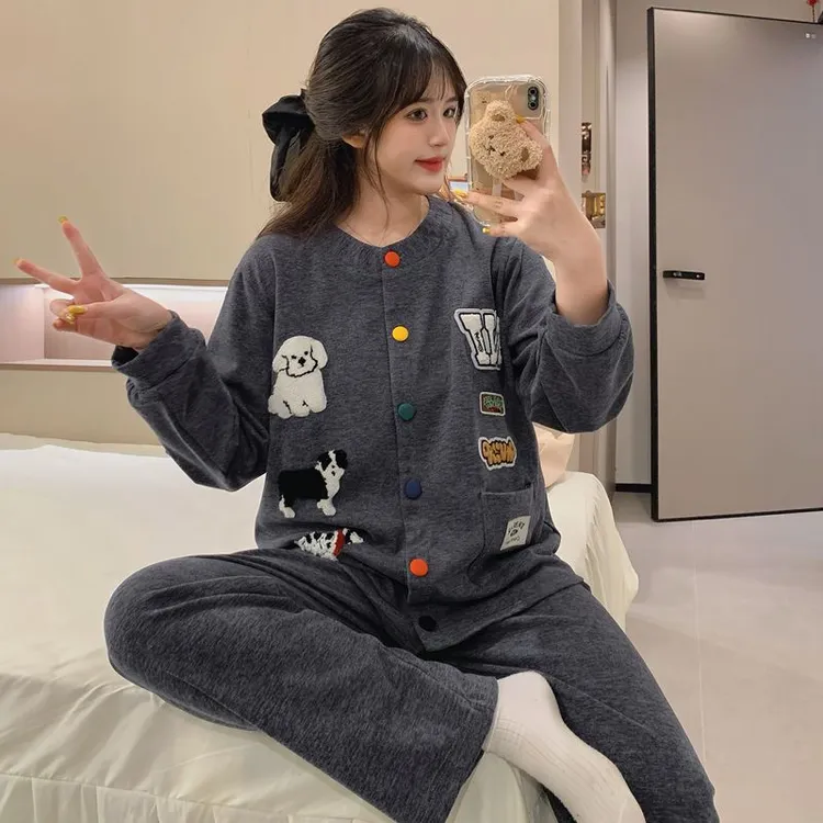 秋冬款慵懒风长袖睡衣卡通可爱开衫长裤女羊绒外穿保暖家居服套装