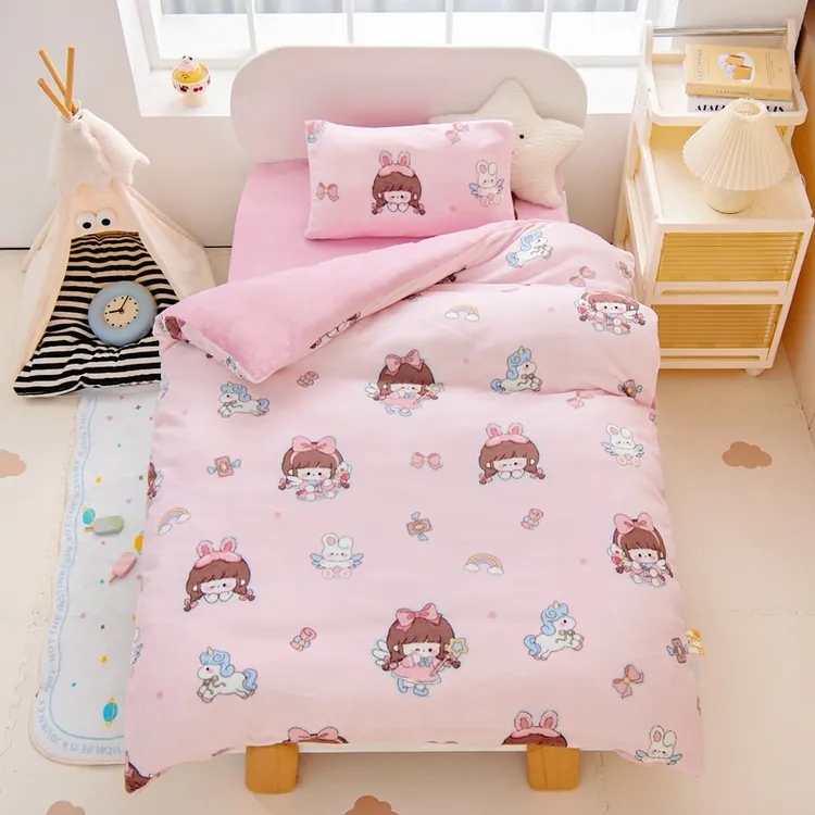 卡通风女孩子A类冬季牛奶绒被套婴幼幼儿园加厚双面绒被罩三件套