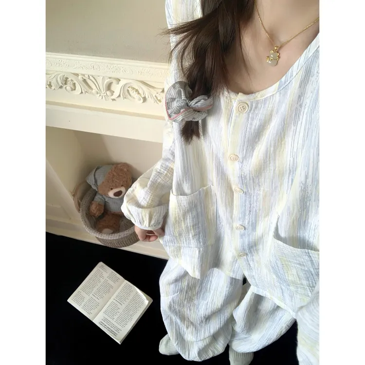 简约高级感甜美条纹睡衣女秋季2025新款宽松长袖长裤家居服可外穿