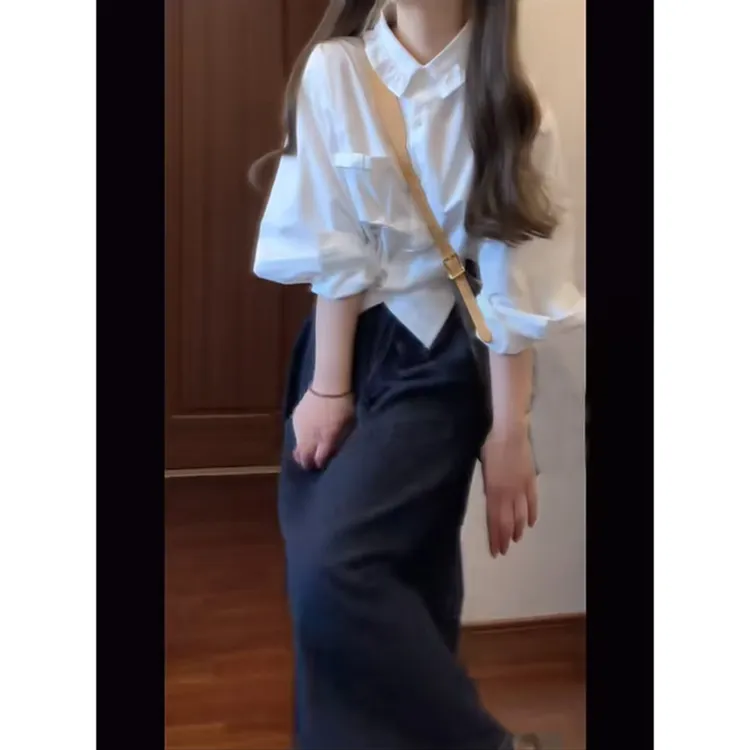 【B Y】学院风时尚法式洋气翻领减龄长袖宽松衬衫小众温柔半身裙女