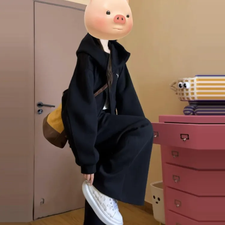 黑色卫衣外套女早秋季2025新款韩系慵懒松弛感穿搭百搭运动上衣