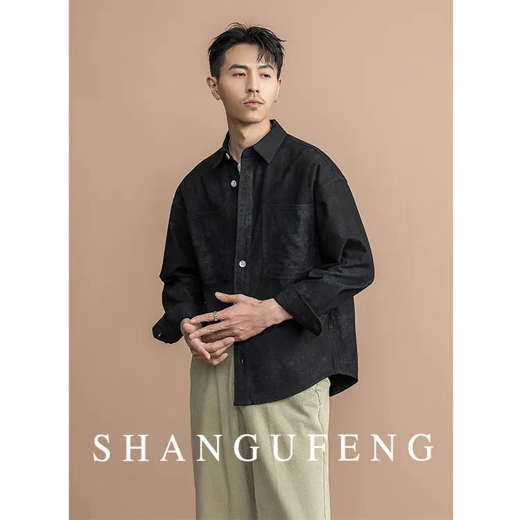 SHANGUFENG秋冬时尚设计款休闲长袖衬衫男士痞帅棉感抗皱衬衣外套
