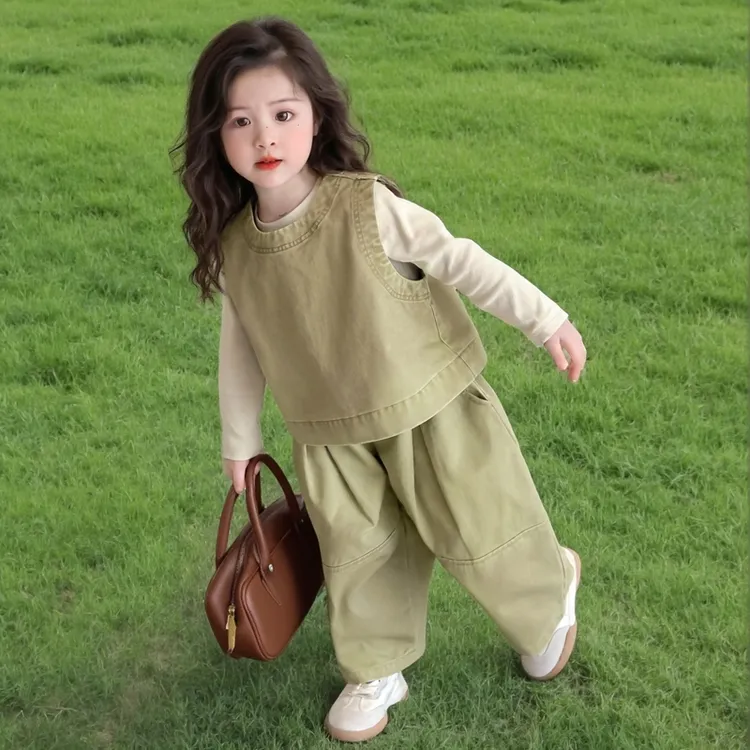 女童春装套装2025新款儿童春秋洋气时髦马甲工装裤三件套女孩长袖