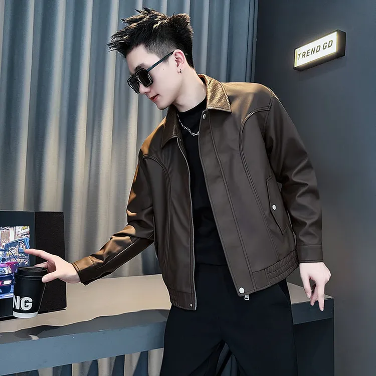 高级感解构咖色皮衣外套男士秋冬季潮流痞帅翻领夹克2025新款男装