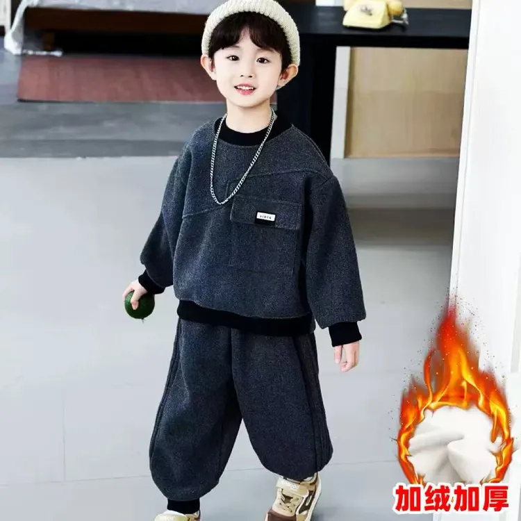2025男童加绒卫衣套装深秋冬新款一体绒束脚裤韩版潮酷帅气潮童装