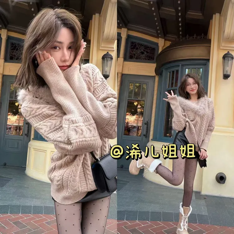 （浠儿家）V领套头蝙蝠袖毛衣女秋冬季内搭慵懒气质宽松针织衫上衣