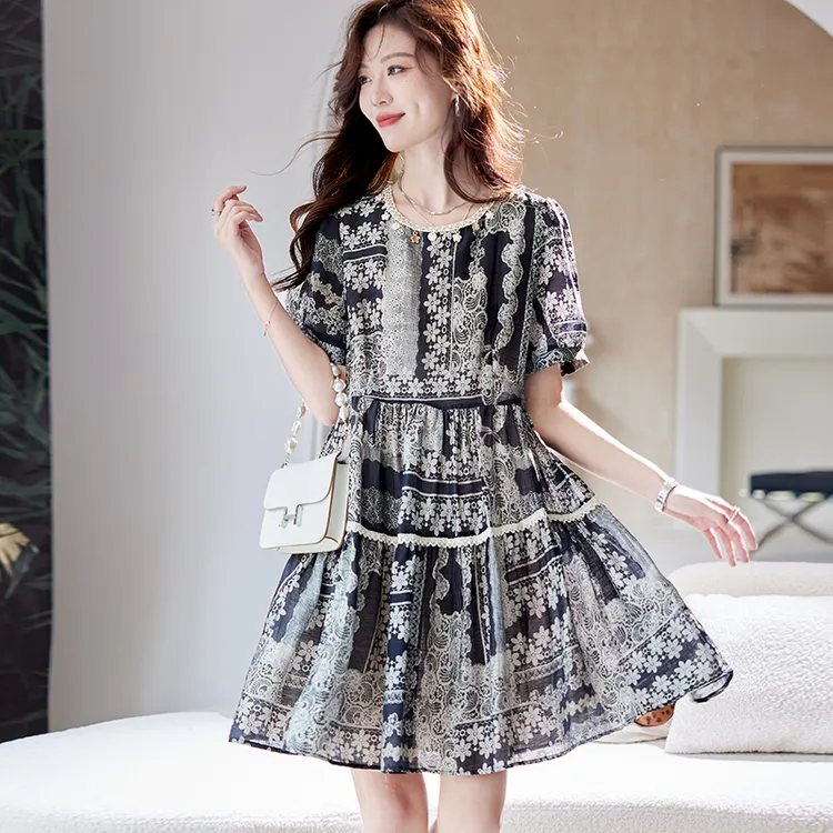 高级小众圆领印花短袖连衣裙2025夏季韩系时尚气质减龄显瘦雪纺裙