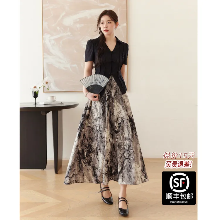 蓝语大码女装新中式盘扣衬衫2025夏水墨印花半身裙子两件套09031