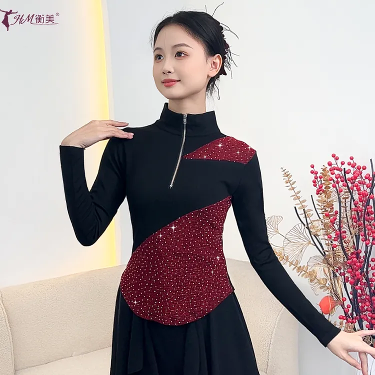 秋冬新款现代舞形体拉链烫钻半高圆领成人女上衣古典舞训练表演服