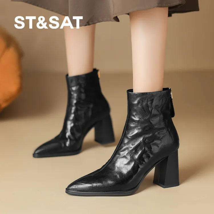 St&Sat/星期六英伦复古时装靴女高级感秋冬新款尖头高跟短靴女