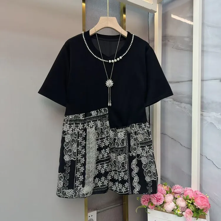 大码2025女装夏季新款时尚上衣拼接印花宽松韩版T恤遮肚子显瘦潮