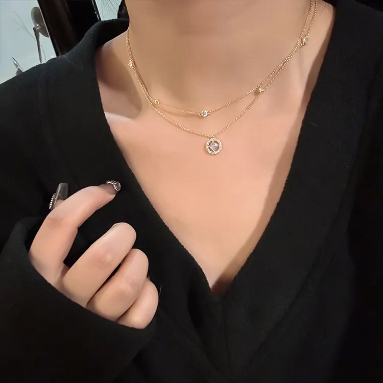 oushipei/欧诗佩 铜合金合成锆石项链 轻奢双层叠戴镶钻圆形项链