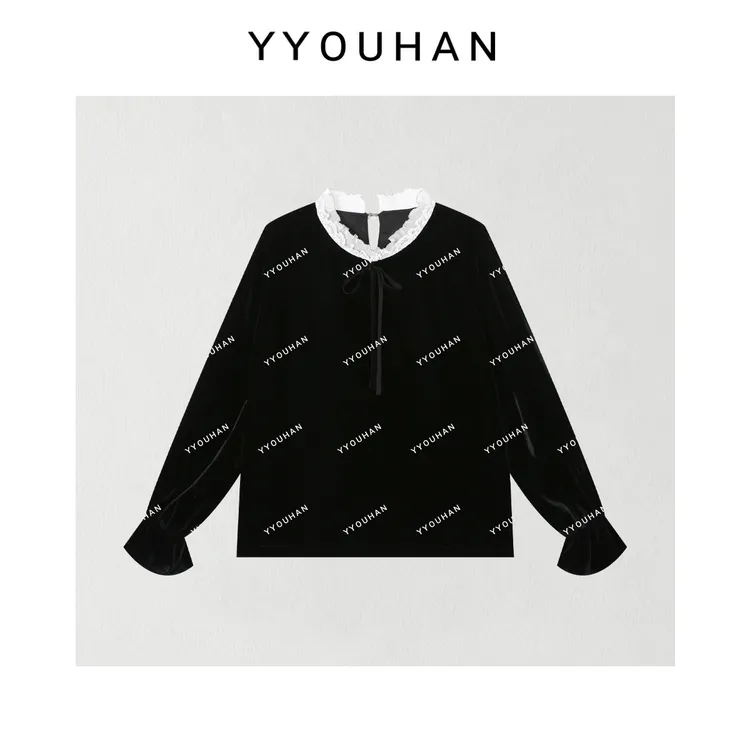 月月不吃鱼 小众设计极简风领口绑带百搭丝绒长袖上衣 2412B6152