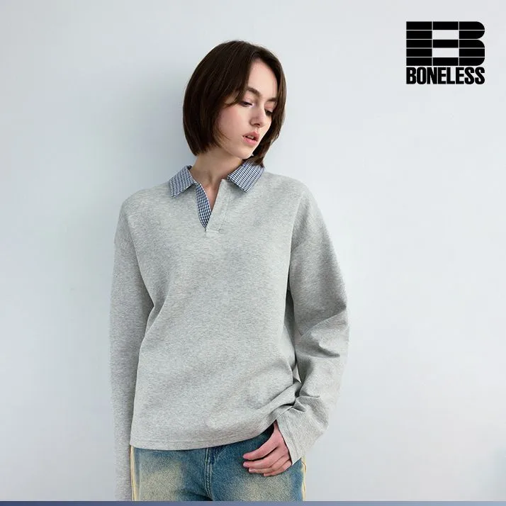 BONELESS拼接格子领长袖POLO卫衣宽松刺绣休闲cleanfit上衣