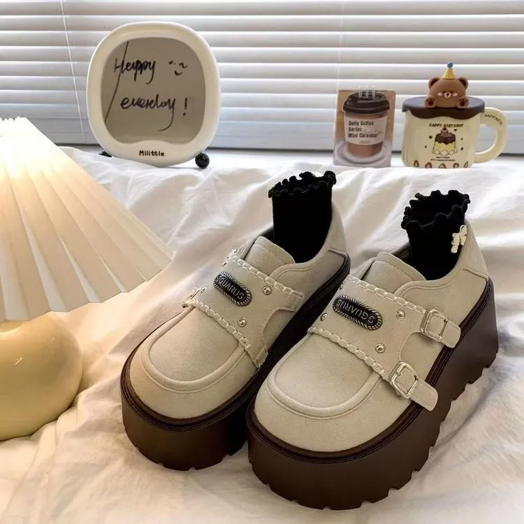 APPBEAU品牌厚底圆头乐福鞋女复古软皮粗跟单鞋小众一脚蹬小皮鞋