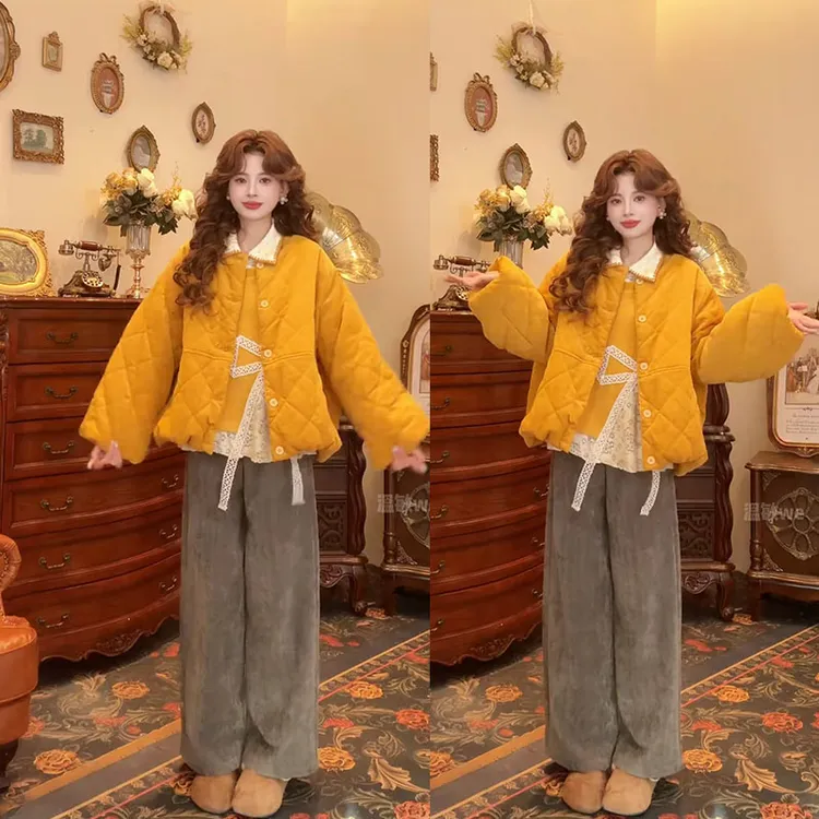 秋冬超火一整套2025新款假两件上衣复古棉服显瘦长裤三件套