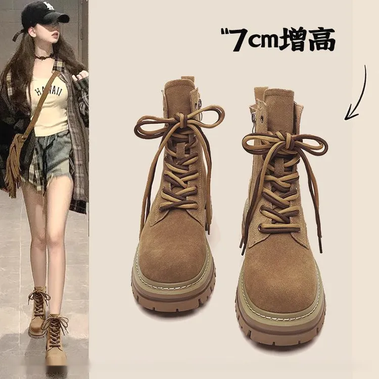 真皮镂空马丁靴女2025新款夏季透气大黄靴棕色户外西部靴子牛仔靴