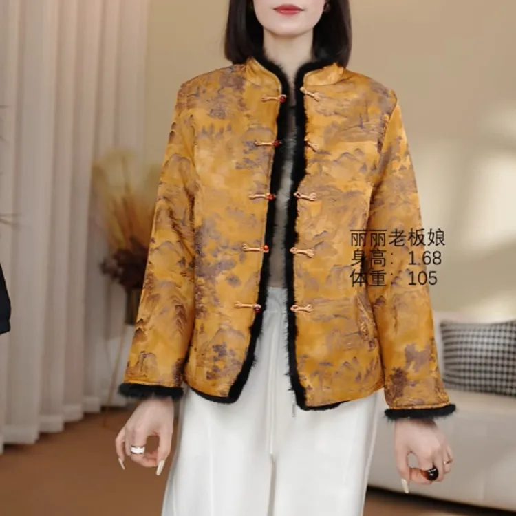 337#2025新款上衣长袖中国风复古立领花纹提花厚款双面穿气质短款