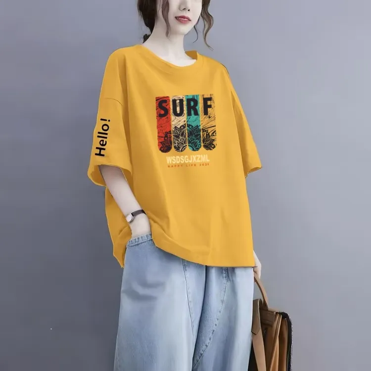 夏季200斤大码显瘦100%纯棉短袖T恤女宽松版休闲半袖洋气减龄上衣