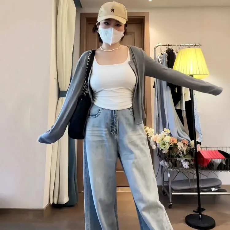 大码灰色圆领长袖针织开衫女夏季新款微胖mm修身显瘦短款小衫外套