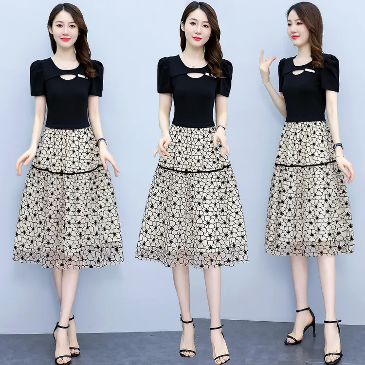 2202夏季新款修身短袖假两件印花高腰连衣裙