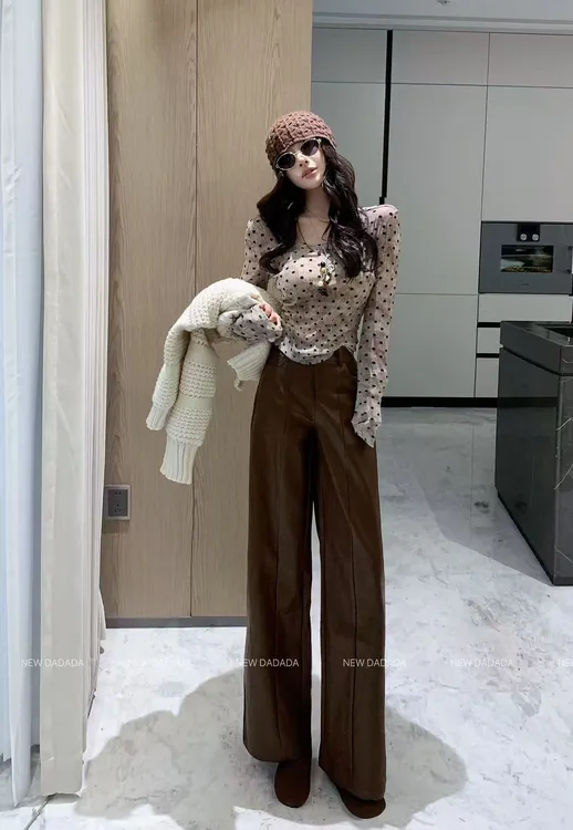 利达 NEW DADADA显瘦高腰直筒复古气质时尚百搭休闲皮裤子CDZ1475