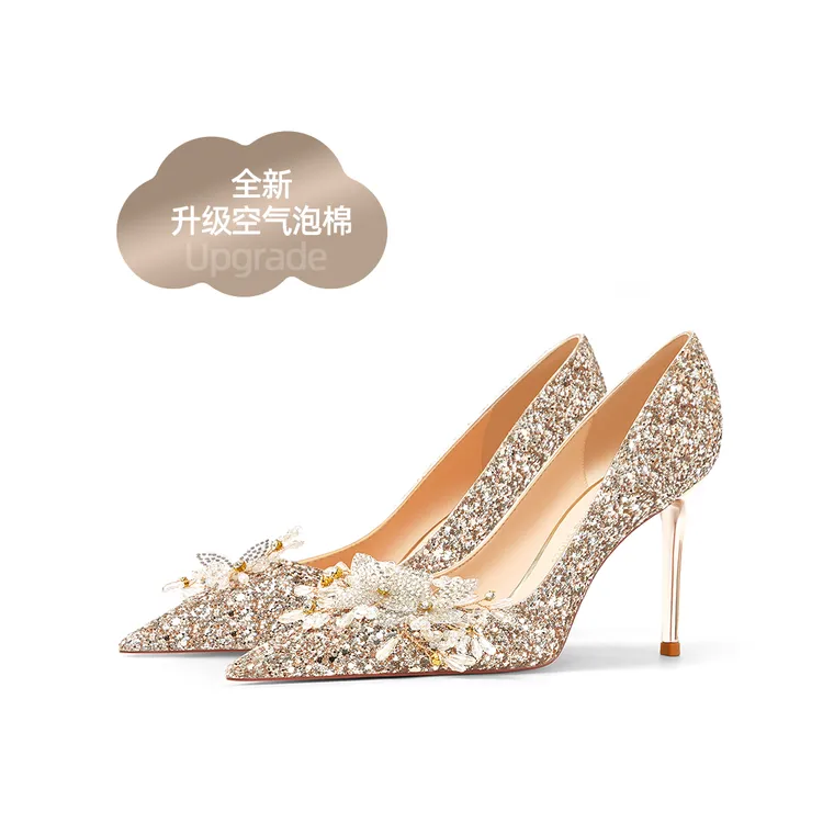 一诺空气棉婚鞋新娘鞋女2025年春季新款禾秀主婚纱两穿金色高跟鞋