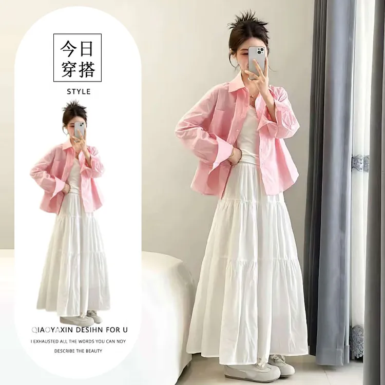 韩系穿搭一整套春季新款百搭粉色短款开衫衬衫白色半身裙两件套女