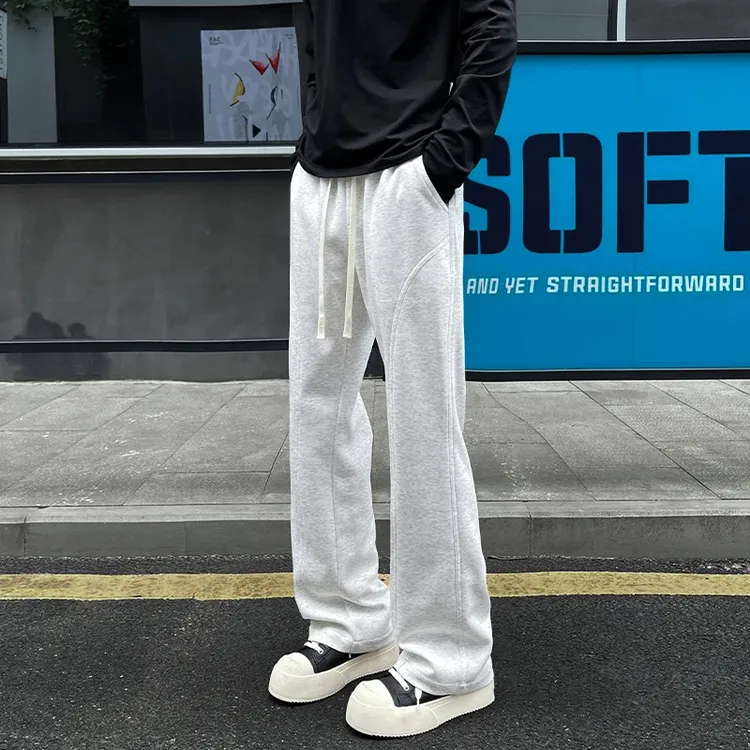 2025浅灰色斜切微喇卫裤男款美式复古cleanfit裤子弯刀直筒休闲裤
