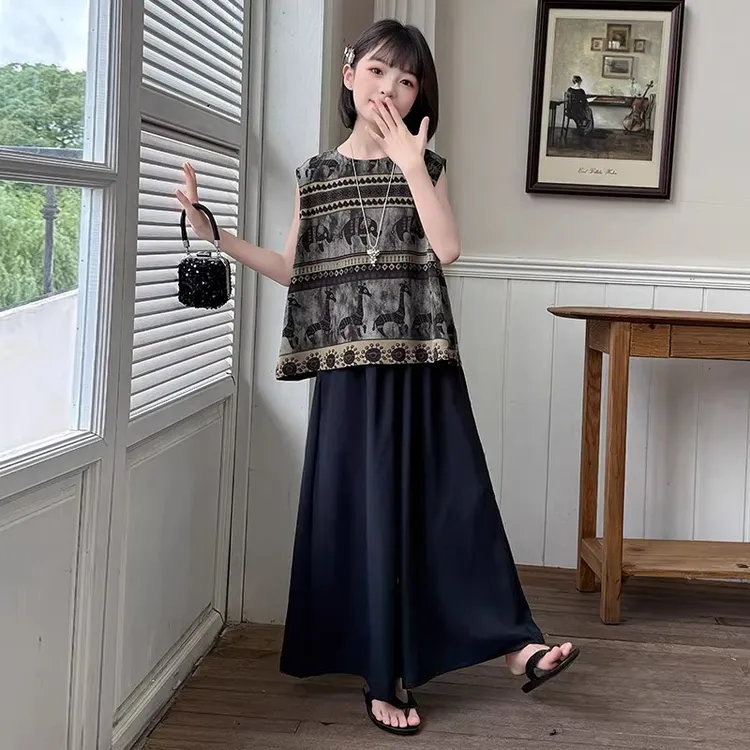 女童夏装复古风套装2025新款洋气薄款童装小女孩无袖阔腿裤两件套