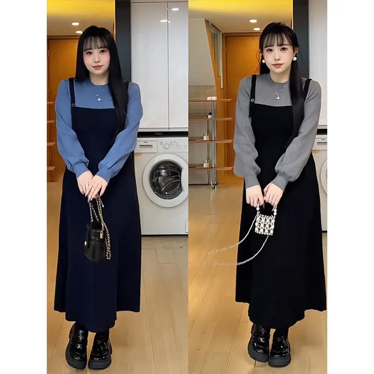 大码女装加厚显瘦假两件针织连衣裙女冬季胖mm显瘦遮肉内搭长裙子
