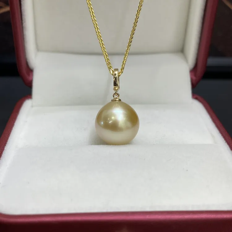 海水珍珠浓茶金南洋金珍珠13-14mm万能扣吊坠18k金镶嵌送妈妈女友