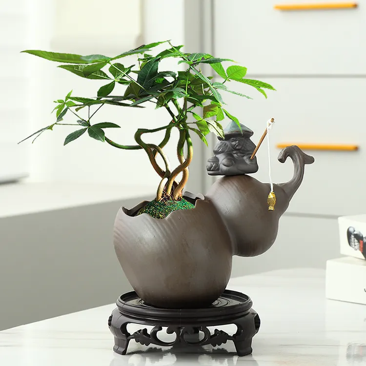 哥窑花宠花盆桌面禅意迷你小摆件陶瓷小和尚微景观盆景造景装饰品
