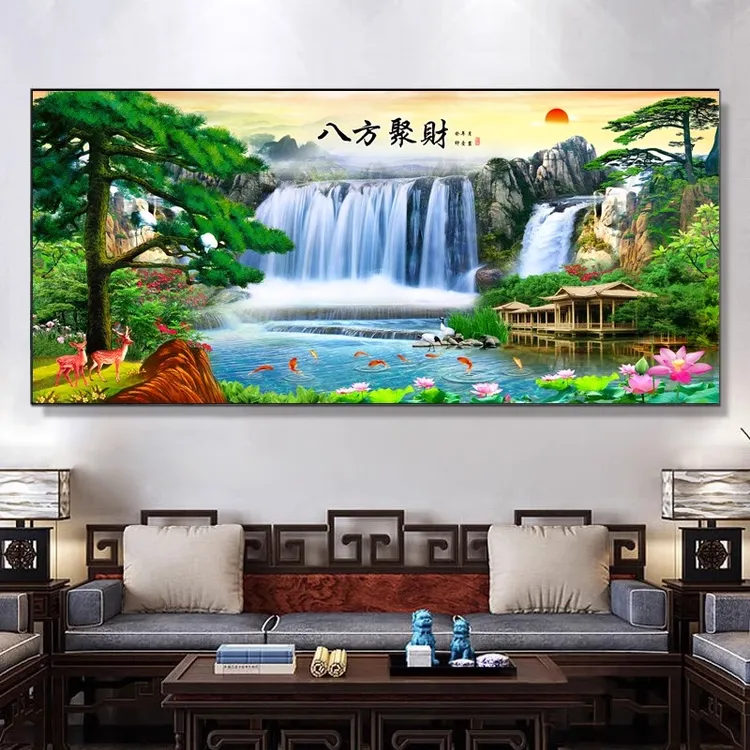 新中式流水生财风景山水画客厅挂画办公室装饰画招财沙发背景墙画