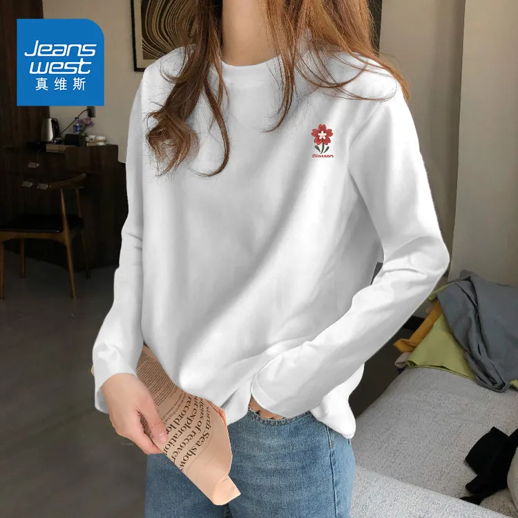 真维斯白色纯棉长袖t恤女2025秋季新款小个子慵懒圆领上衣打底衫