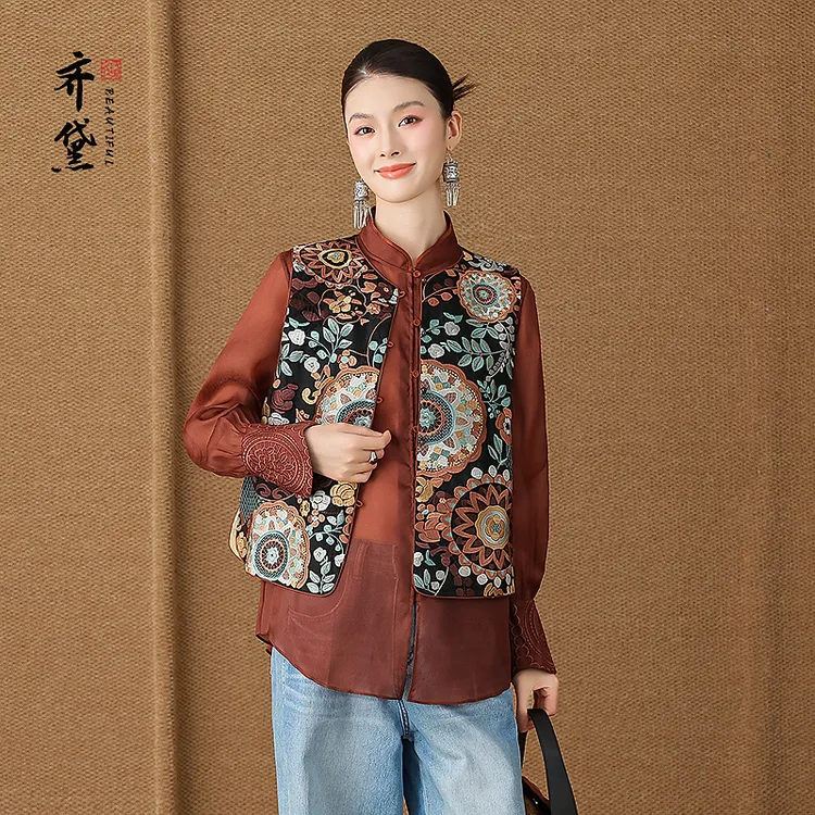杨幂同款提花香云纱新中式马甲2025新款满绣复古无袖背心真丝外套