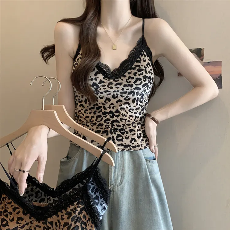 美式辣妹豹纹蕾丝吊带小背心女2025秋季新款紧身内搭短款外穿上衣