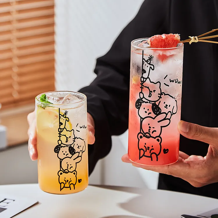 ins风原创美式小狗玻璃水杯饮料杯牛奶果汁杯冰拿铁咖啡杯饮品杯