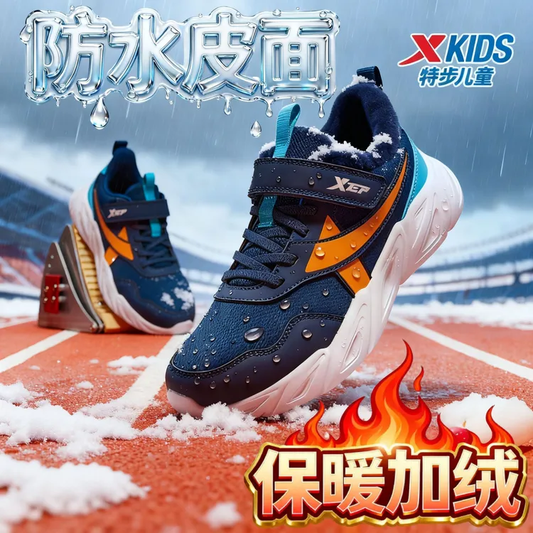 【加绒款】特步儿童冬季魔术贴二棉鞋中大童保暖运动鞋675415379054