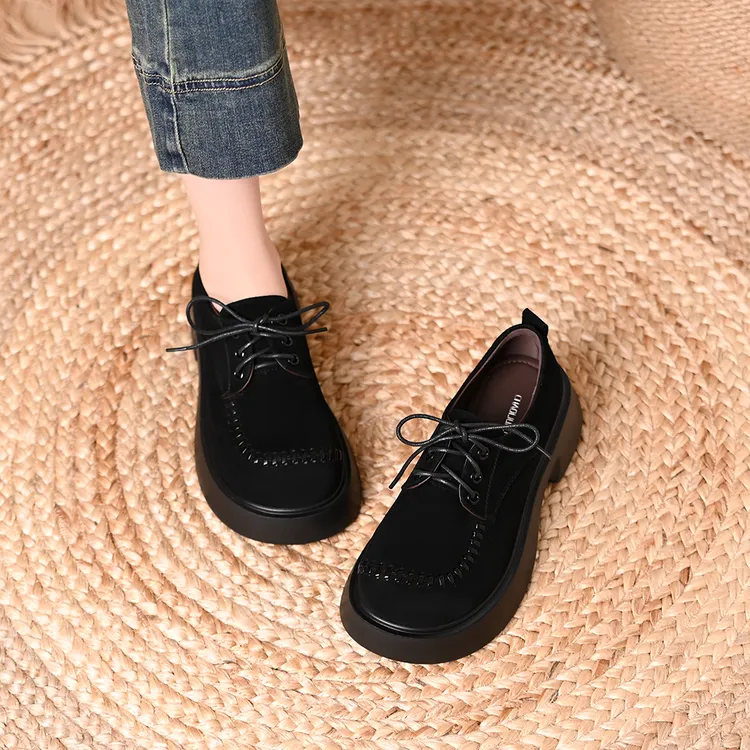 真皮羊皮复古厚底小个子增高单鞋春秋新款绒面圆头系带轻便乐福鞋